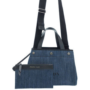 Prada Denim City Calf Bag Navy Blue denim tote bag matching pouch